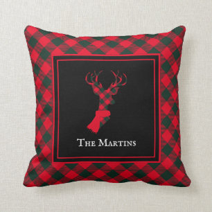 Chic Deer Red & Green Plaid Personalized Christmas Cushion