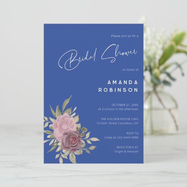 Chic Delft Blue and White Floral Bridal Shower Invitation (Standing Front)