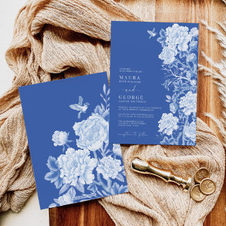 Chic Delft Blue Chinoiserie Flower Garden Wedding Invitation