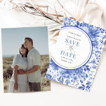 Chic Delft Blue Chinoiserie Wedding Save the Date Invitation<br><div class="desc">Impress your guests with this classy save the date card. The elegant chinoiserie design features botanical florals and foliage pattern in delft blue and white. Use the text fields to personalise the card with your own wording and details. If you want to change the font style, colour or text placement,...</div>