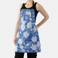 Chic Delft Blue White Chinoiserie Flower Monogram