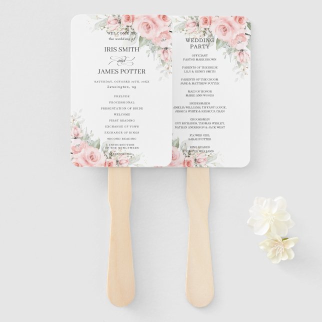 Chic Delicate Blush Pink Floral Wedding Program Hand Fan (Front and Back)