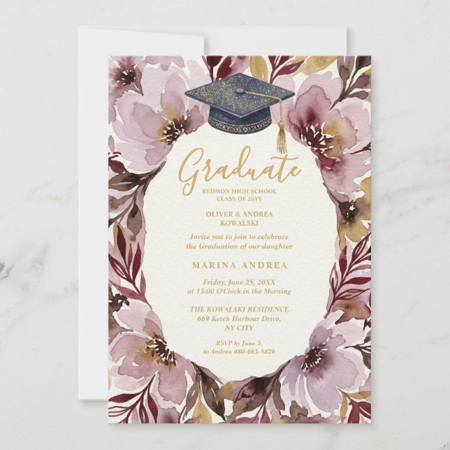 Chic Delicate Pink Floral Wreath Graduation Cap Invitation (Front)