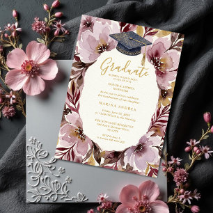 Chic Delicate Pink Floral Wreath Graduation Cap Invitation