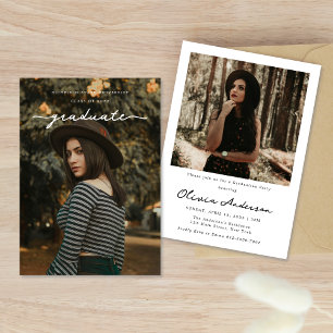 Chic Delicate White Script Photo Graduation Party Invitation