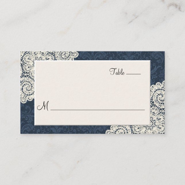 Chic Denim Damask & Ivory Lace Wedding Escort Card (Front)