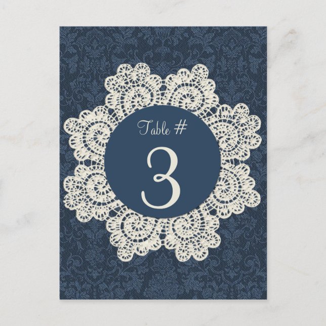Chic Denim & Ivory Lace Wedding Table Number Cards (Front)