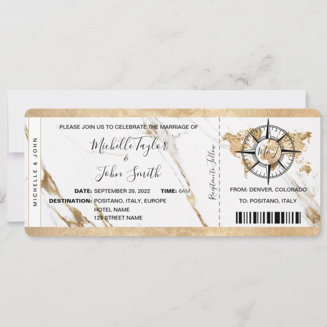 Chic Destination Wedding Boarding Pass Ticket Gold Invitation (Front)