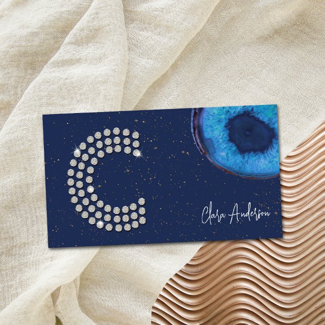 Chic Diamond Blue Agate Initial C Letter Monogram Business Card (Front)