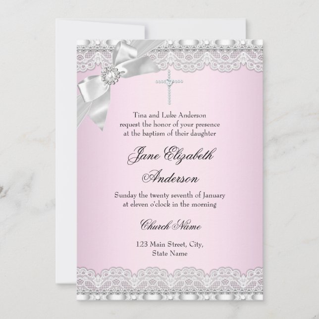Chic Diamond Lace Pink Baptism Invite (Front)