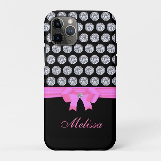 Chic Diamond pattern & name calligraphy on black Case-Mate iPhone Case (Back)