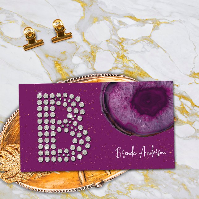 Chic Diamond Plum Agate Initial Letter B Monogram Business Card (Front)