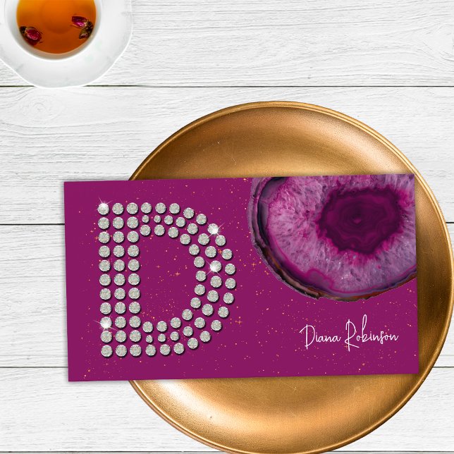 Chic Diamond Plum Agate Initial Letter D Monogram Business Card (Front)