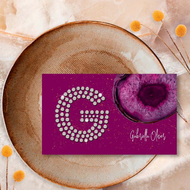 Chic Diamond Plum Agate Initial Letter G Monogram Business Card (Creator Uploaded)