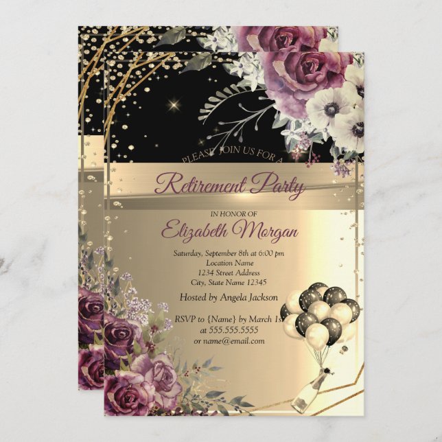 Chic Diamonds Balloons Floral Retirement Party Invitation (Front/Back)