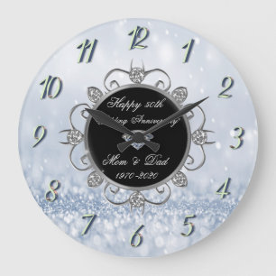 Chic Diamonds Blue Bokeh 50th Wedding Anniversary Large Clock