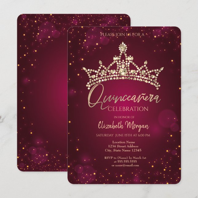 Chic Diamonds Crown Burgundy Quinceañera  Invitation (Front/Back)