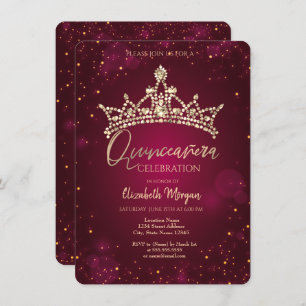 Chic Diamonds Crown Burgundy Quinceañera  Invitation