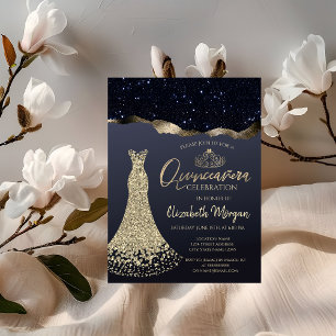 Chic Diamonds Dress, Gold Tiara,Black Glitter   Invitation