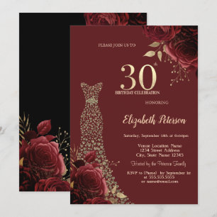 Chic Diamonds Dress Red Roses Black 30th Birthday Invitation