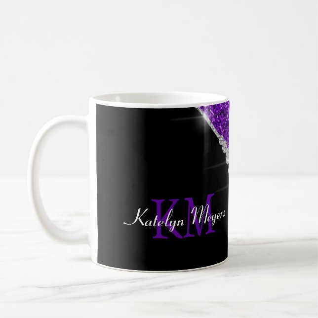 Chic Diamonds Purple Glitter Monogrammed Coffee Mug (Left)