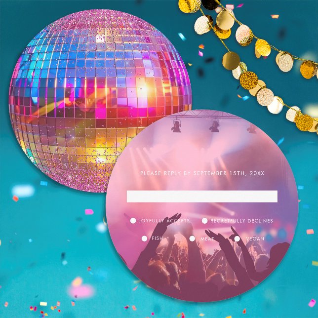 Chic Disco Ball Wedding Pink Glitter Wedding RSVP (Front / Back)