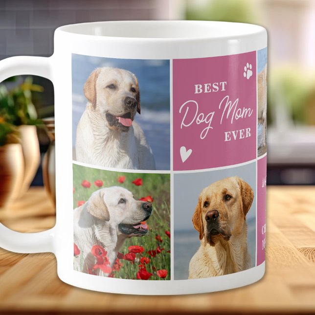 Chic DOG MOM Personalised Pink 7 Photo Collage Coffee Mug (Creator Uploaded)