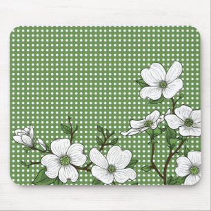 Chic Dogwood Blossoms & Polka Dots Mouse Pad