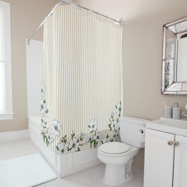 Chic Dogwood Blossoms & Stripes Shower Curtain (In Situ)