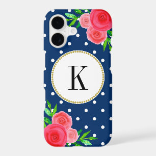 Chic Dots Navy Blue Watercolor Red Floral Monogram