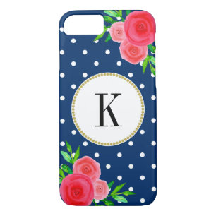 Chic Dots Navy Blue Watercolor Red Floral Monogram iPhone 8/7 Case