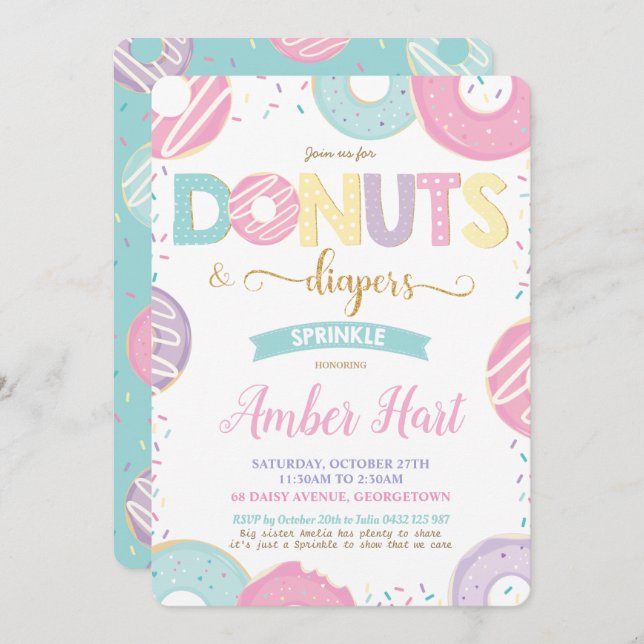 Chic Doughnuts and Diapers Baby Shower Gold Girl   Invitation (Front/Back)