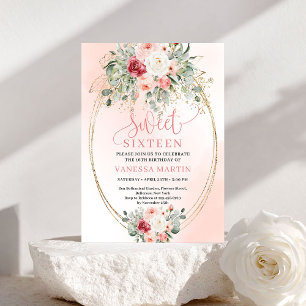 Chic Downloadable Blush Gold Floral Sweet Sixteen Invitation