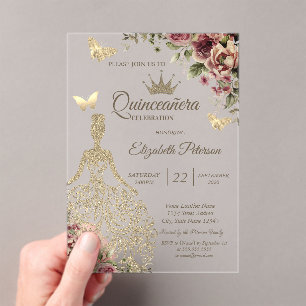 Chic Dress,Butterfly Floral Stars Blue Quinceañera Acrylic Invitations