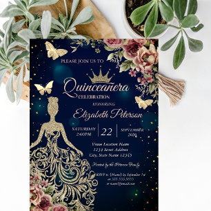 Chic Dress,Butterfly Floral Stars Blue Quinceañera Invitation