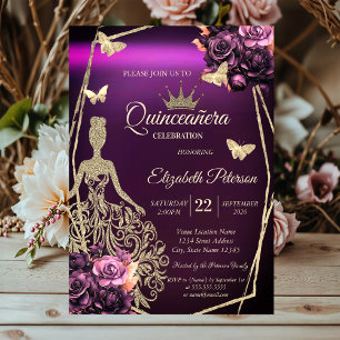 Chic Dress,Butterfly Violet Roses Quinceañera Invitation