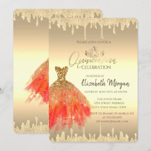 Chic Dress,Glitter Drips Gold Quinceañera Invitation