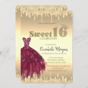 Chic Dress,Glitter Drips Gold Sweet 16 Invitation