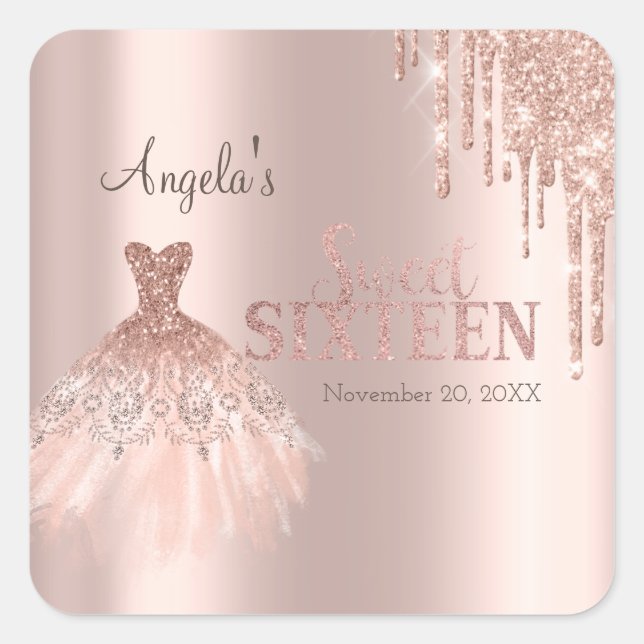 Chic Dress Glitter Drips Rose Gold Sweet 16   Square Sticker (Front)