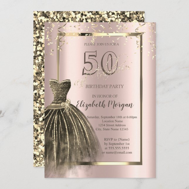 Chic Dress Gold Sequins Rose Gold 50th Birthday  Invitation (Front/Back)