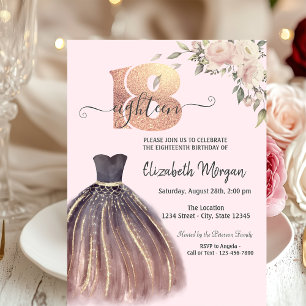 Chic Dress Pink Flowers 18th Birthday Invitation