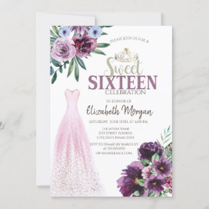 Chic Dress,Purple Flowers Sweet 16 Invitation