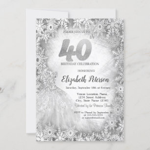 Chic Dress Snowflakes Winter 40th Birthday Invitation