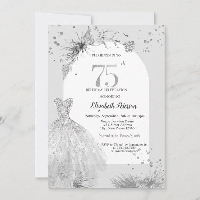 Chic Dress Winter Grey 75th Birthday  Invitation (Front)