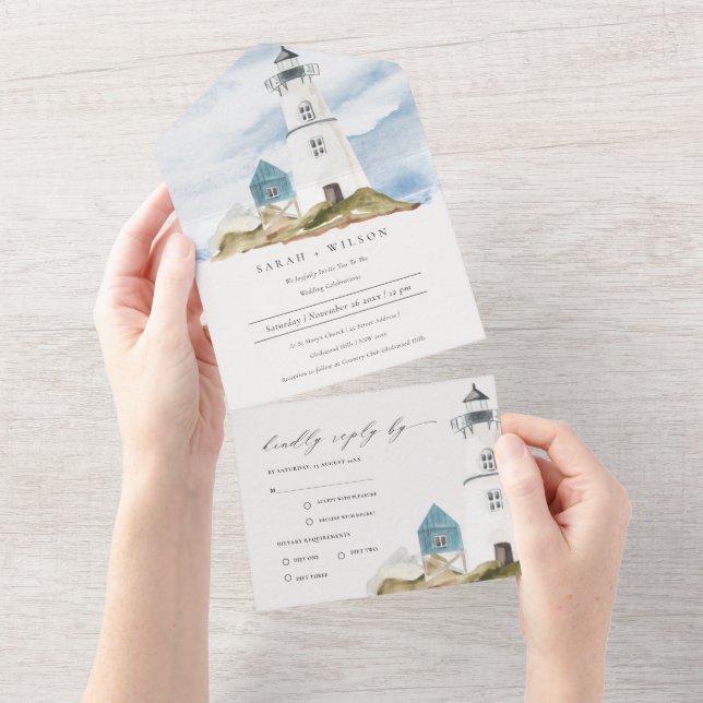 Chic Dusky Aqua Blue Lighthouse Mountain Wedding All In One Invitation (Tearaway)