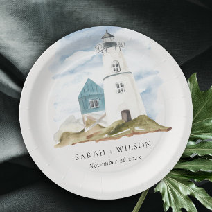 Chic Dusky Aqua Blue Lighthouse Mountain Wedding Paper Plate