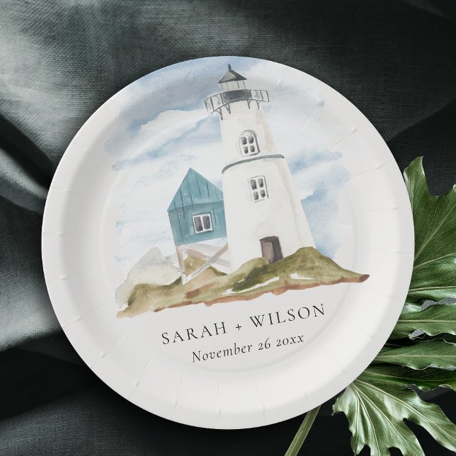Chic Dusky Aqua Blue Lighthouse Mountain Wedding Paper Plate (Creator Uploaded)