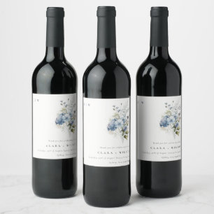 Chic Dusky Blue Watercolor Cottage Floral Wedding Wine Label