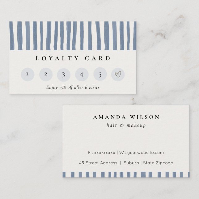 Chic Dusky Blue Watercolor Strips Loyality Card (Front/Back)
