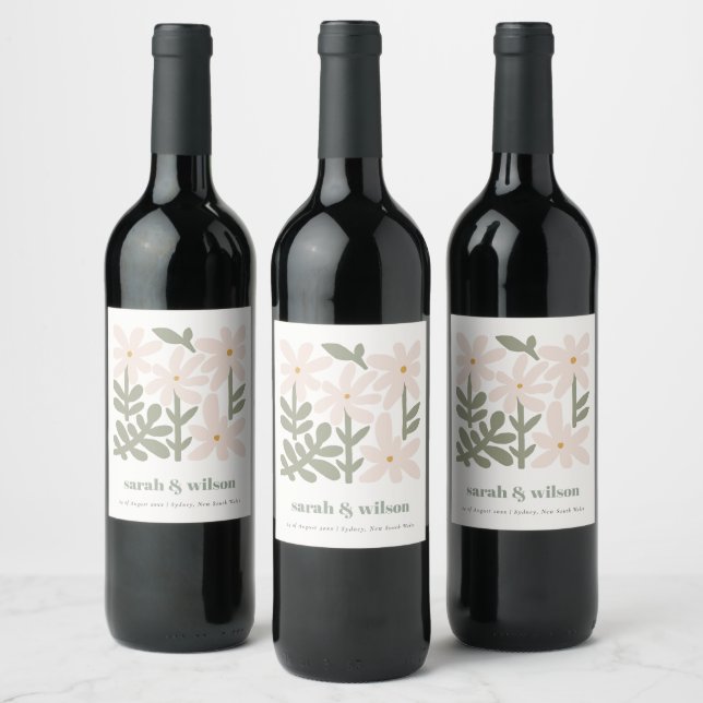 Chic Dusky Blush Retro Minimal Floral Wedding Wine Label (Bottles)